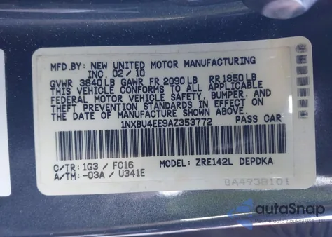 2010 Toyota Corolla Le из США, поврежденный, VIN 1NXBU4EE9AZ353772